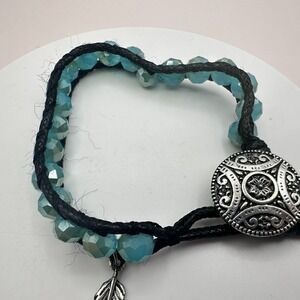Vintage 90s Silver Tone Feather Teal Beaded Wrap Bracelet Women's Jewelry
